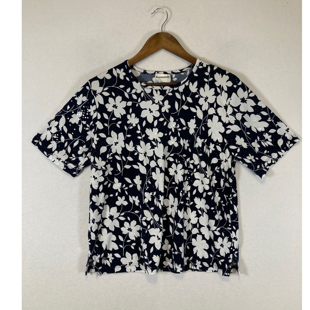 Floral Sequin BonWorth Women Small Navy White Short Sleeve Knit Top‎ FP35369